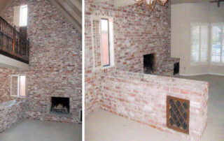 These existing interior views show two small windows with a bridge in-between. A large masonry planter box was severely outdated. The large hearth also needed to be removed to increase the lack of floor space. The vaulted ceiling &. trim were originally covered with old existing paint.